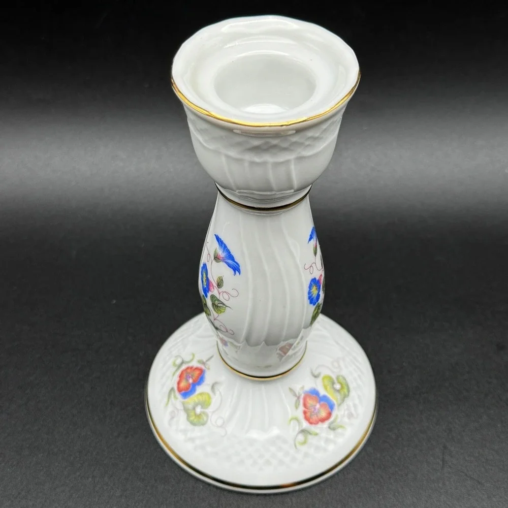 Hollohaza Hungary Hajnalka Porcelain Candlestick Floral Gold Trim Cottagecore